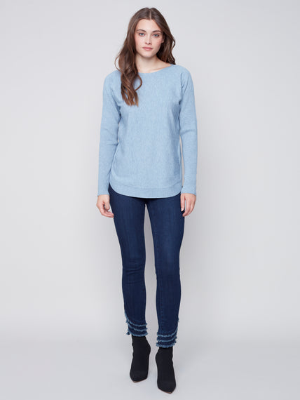 CHARLIE B POWDER BLUE SWEATER WITH POCKETS AND LACE UP SLEEVE DETAIL