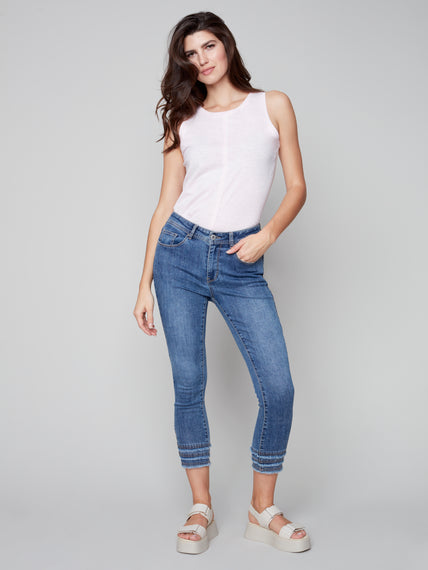 CHARLIE B MEDIUM BLUE FRINGED HEM JEANS