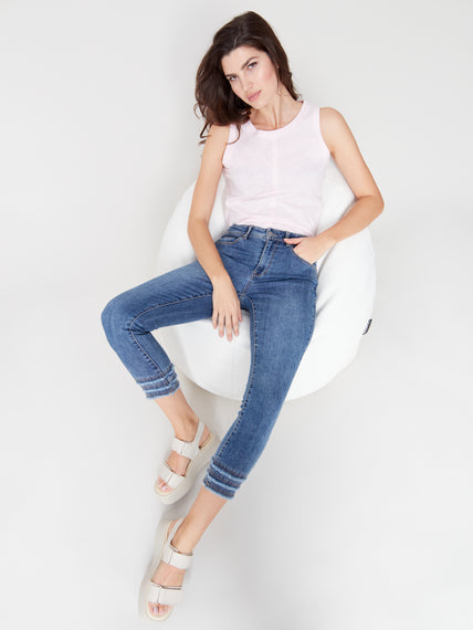 CHARLIE B MEDIUM BLUE FRINGED HEM JEANS