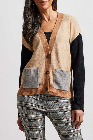 TRIBAL BUTTON DOWN CARDIGAN COLOUR BLOCKED WITH POCKETS