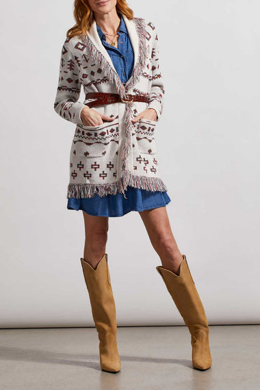 MYNX BOUTIQUE VICTORIA BC - TRIBAL PATTERENED CREAM CARDIGAN WITH FRINGE