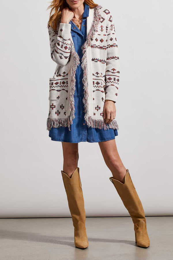 MYNX BOUTIQUE VICTORIA BC - TRIBAL PATTERENED CREAM CARDIGAN WITH FRINGE