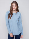 CHARLIE B POWDER BLUE SWEATER WITH POCKETS AND LACE UP SLEEVE DETAIL
