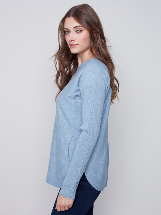 CHARLIE B POWDER BLUE SWEATER WITH POCKETS AND LACE UP SLEEVE DETAIL