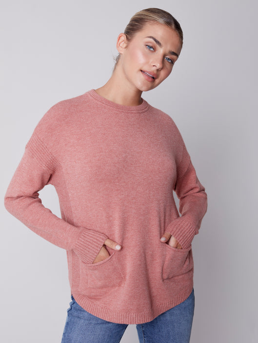 MYNX BOUTIQUE - CHARLIE B ROSE PINK SWEATER WITH POCKETS, DETACHABLE SCARF