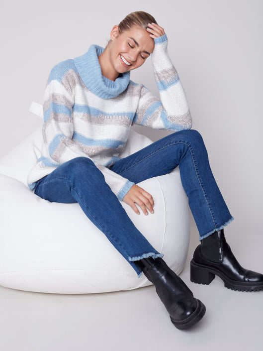 CHARLIE B BLUE AND WHITE STRIPED SWEATER COWL NECK