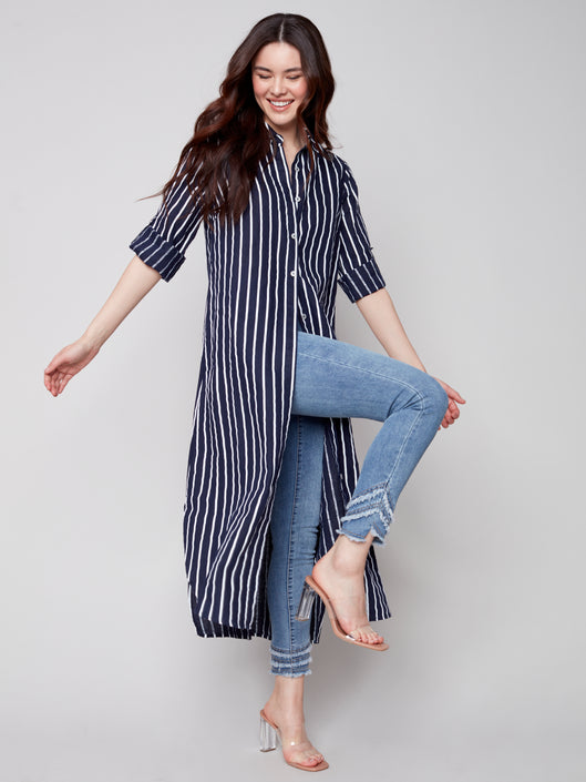 Mynx Boutique Victoria BC CHARLIE B NAVY STRIPED BUTTON DOWN DRESS