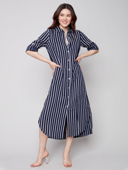 Mynx Boutique Victoria BC CHARLIE B NAVY STRIPED BUTTON DOWN DRESS